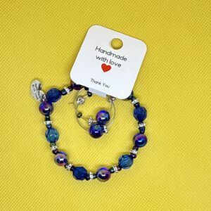 Hand Made With Love Handcrafted Blue Glass Round Bead Bracelet & Earrings Set